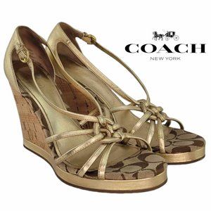 AUTHENTIC Coach Joslin Cork Strapped Wedge Sandal 9M - Gold - LIKE NEW